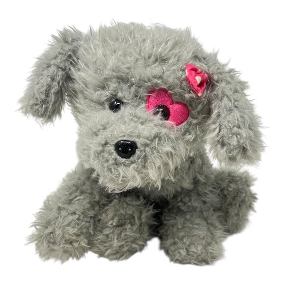 Walmart Shaggy Gray Puppy Dog Plush Pink Bow Heart - Picture 1 of 12
